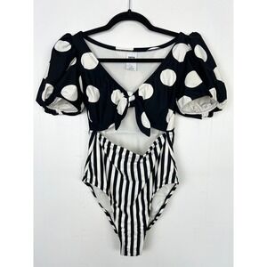 Tabitha Brown Target Polka Dot Stripe Puff Sleeve Cutout Swimsuit Black Small zq